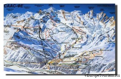 Схема трасс горнолыжного курорта Саас Фе в Швейцарии