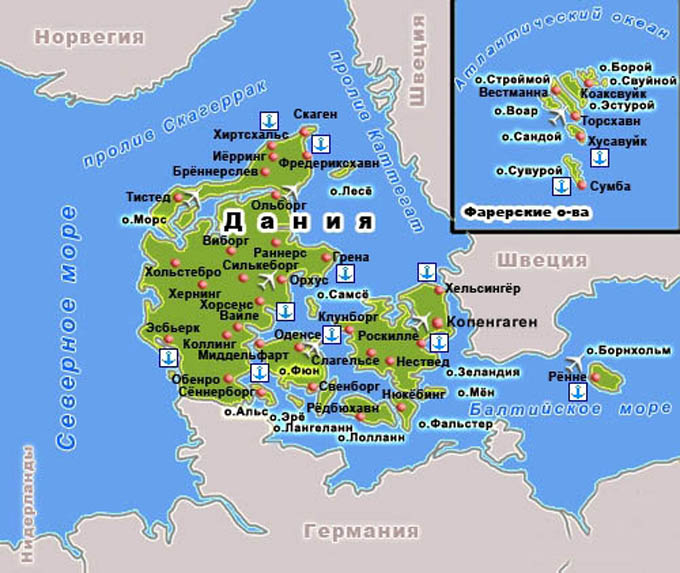 Карта Дании с городами